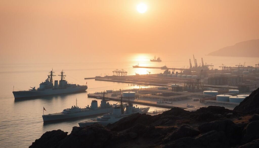 A naval oil reserve nestled amidst rugged shoreline, the sun casting warm hues across the tranquil waters. In the foreground, a fleet of sleek, grey battleships rests at anchor, their hulls gleaming under the golden light. Midground, a sprawling fuel depot with towering storage tanks and a bustling network of pipes and valves. In the distance, the silhouettes of cranes and loading docks hint at the scale of the facility. The scene conveys a sense of strategic importance, a critical resource hub for the nation's naval forces. The lighting is soft and atmospheric, lending a sense of timelessness to the composition. Captured with a wide-angle lens to emphasize the scope and grandeur of the setting.