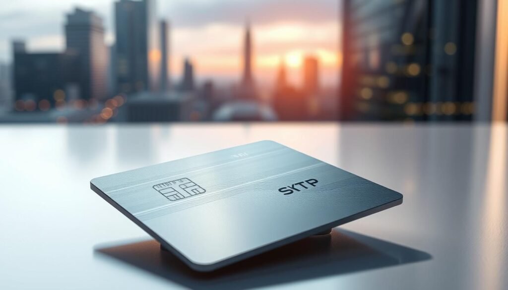 A sleek, technologically-advanced electronic ID card resting on a clean, minimalist desktop. The card's surface gleams with precision-etched details, reflecting soft, directional lighting that casts subtle shadows. In the background, a blurred cityscape evokes the modern, connected world the e-KTP program aims to enable. The composition emphasizes the card's elegant design and advanced security features, conveying a sense of progress, efficiency, and trust in the government's digital identity initiative.